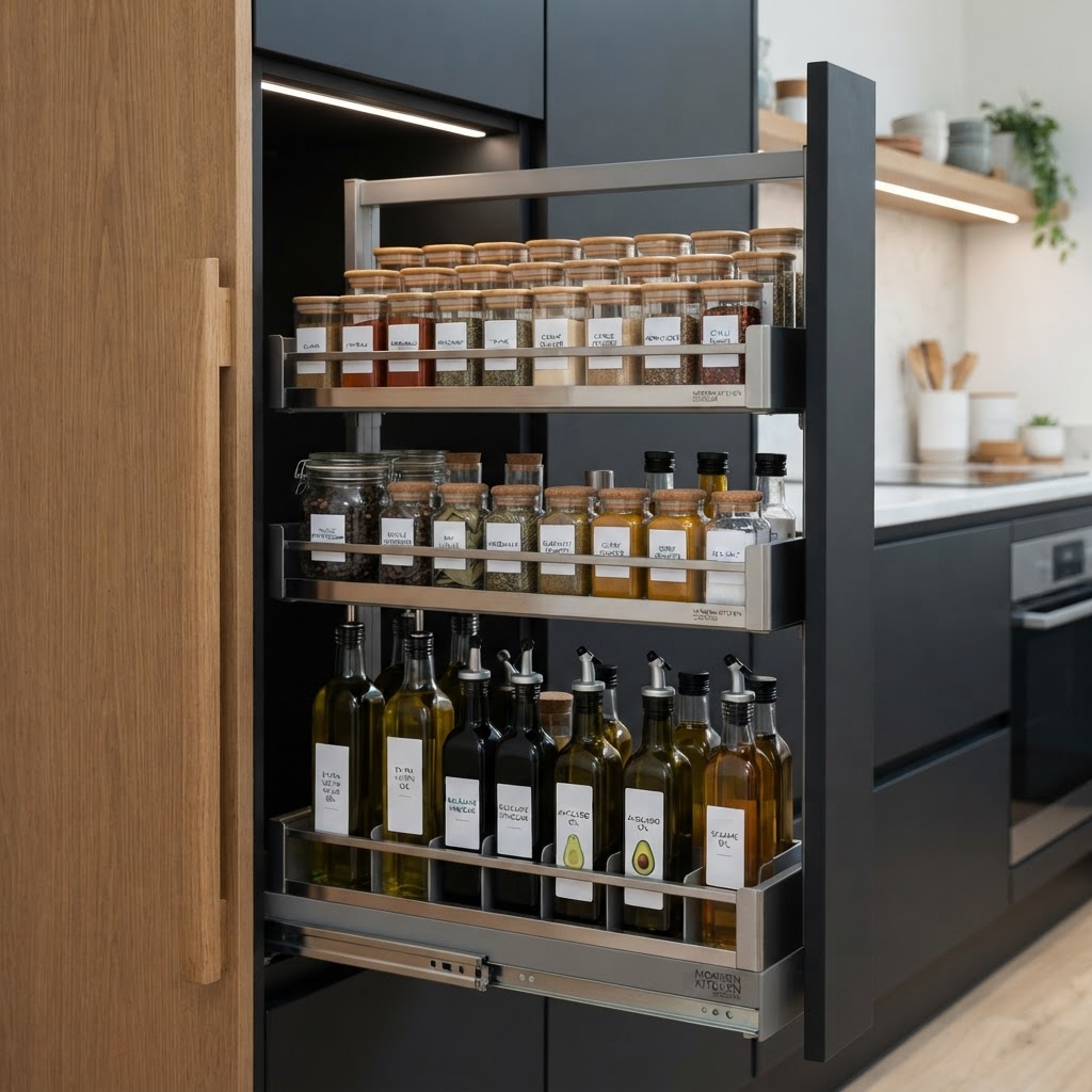 Utilizing slim pull-out pantries for ultimate small-space organization.