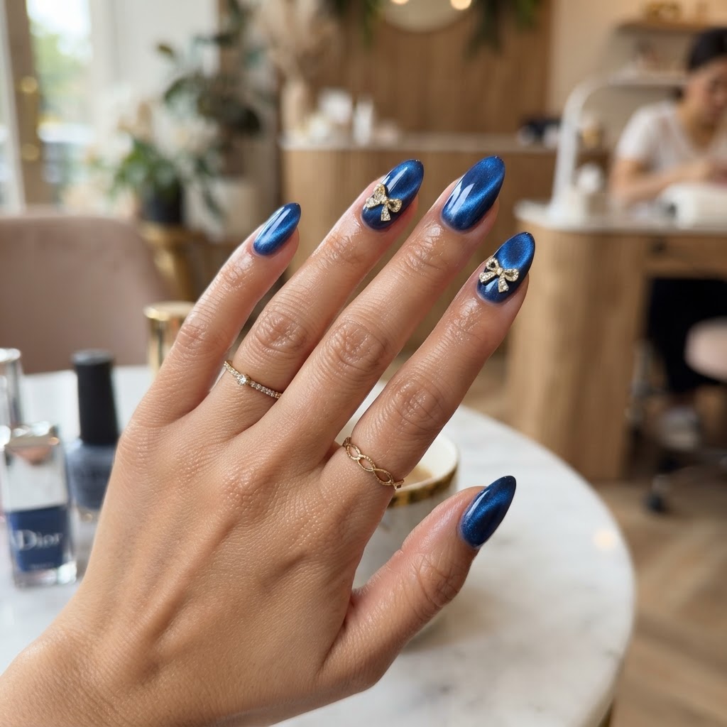 Trending blue cat-eye nail art.