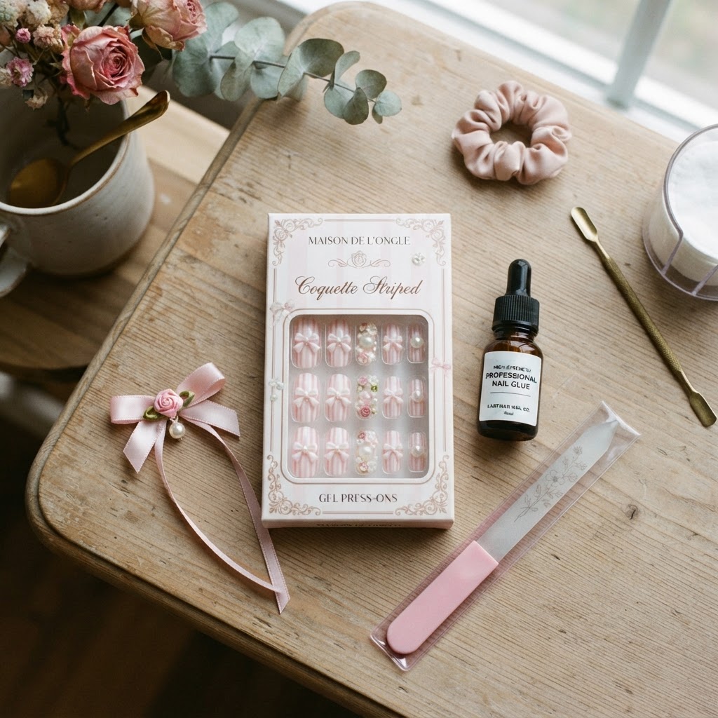 Essential tools for a professional DIY press-on manicure.