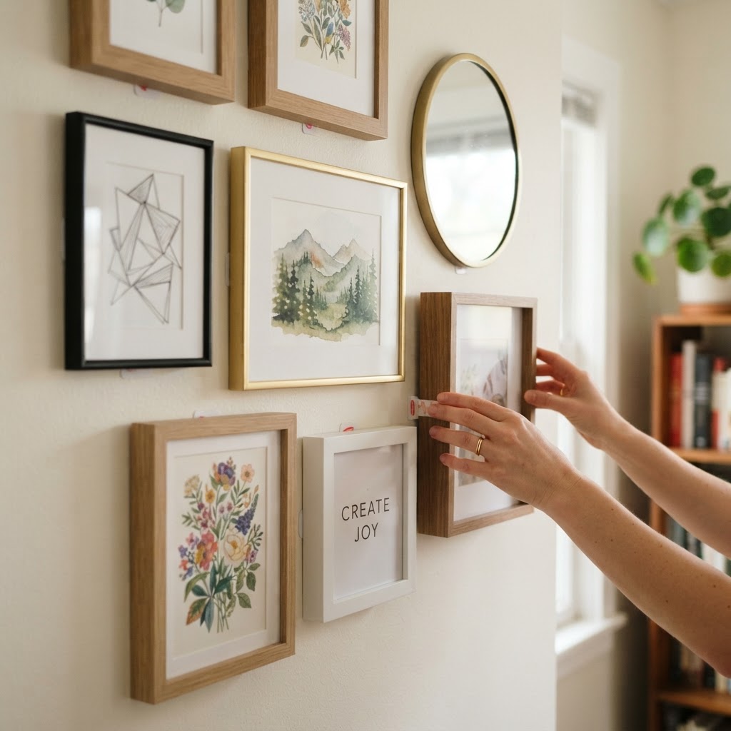 Use adhesive strips to create a gallery wall without leaving holes.