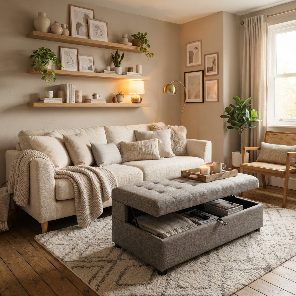 Multi-functional furniture is essential for maximizing storage in tight layouts.