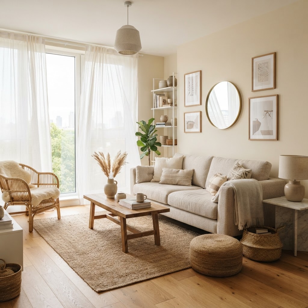 Light walls and sheer curtains create an airy feel.