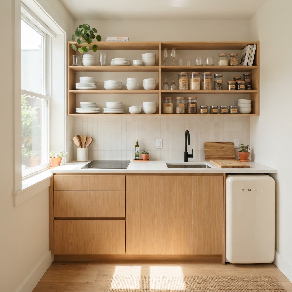 Open shelving maximizes vertical space in this airy, modern small kitchen.