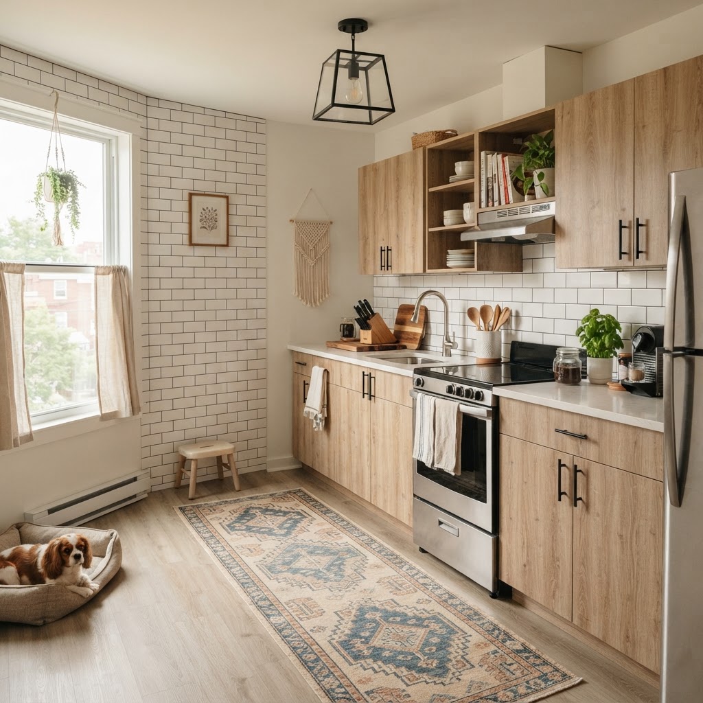 Transforming a rental kitchen with temporary tile and wood-grain contact paper.