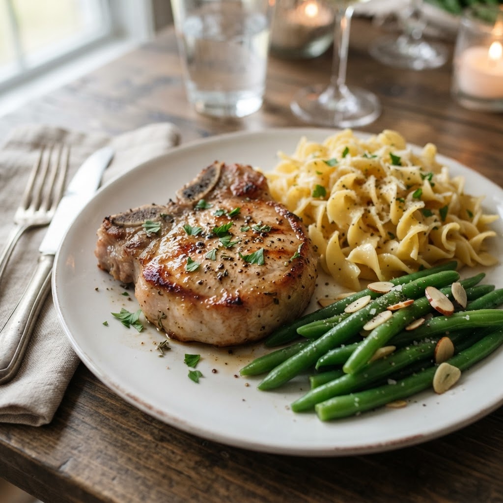 Tender pork chops served with egg noodles and fresh greens.