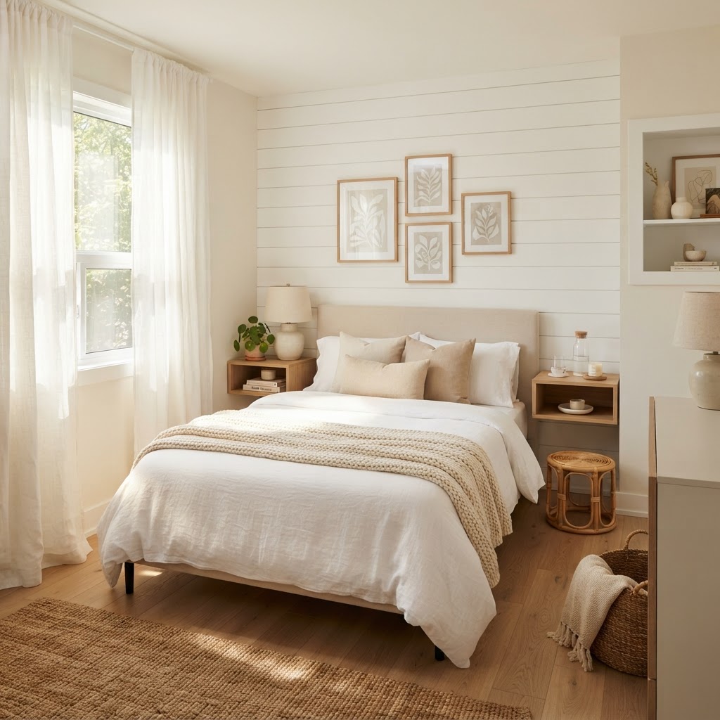 Bright, neutral colors make small bedrooms feel airy and spacious.