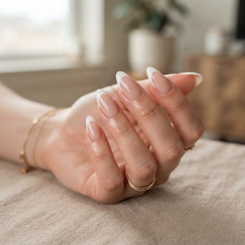 Classic almond-shaped press-on nails for a timeless look.