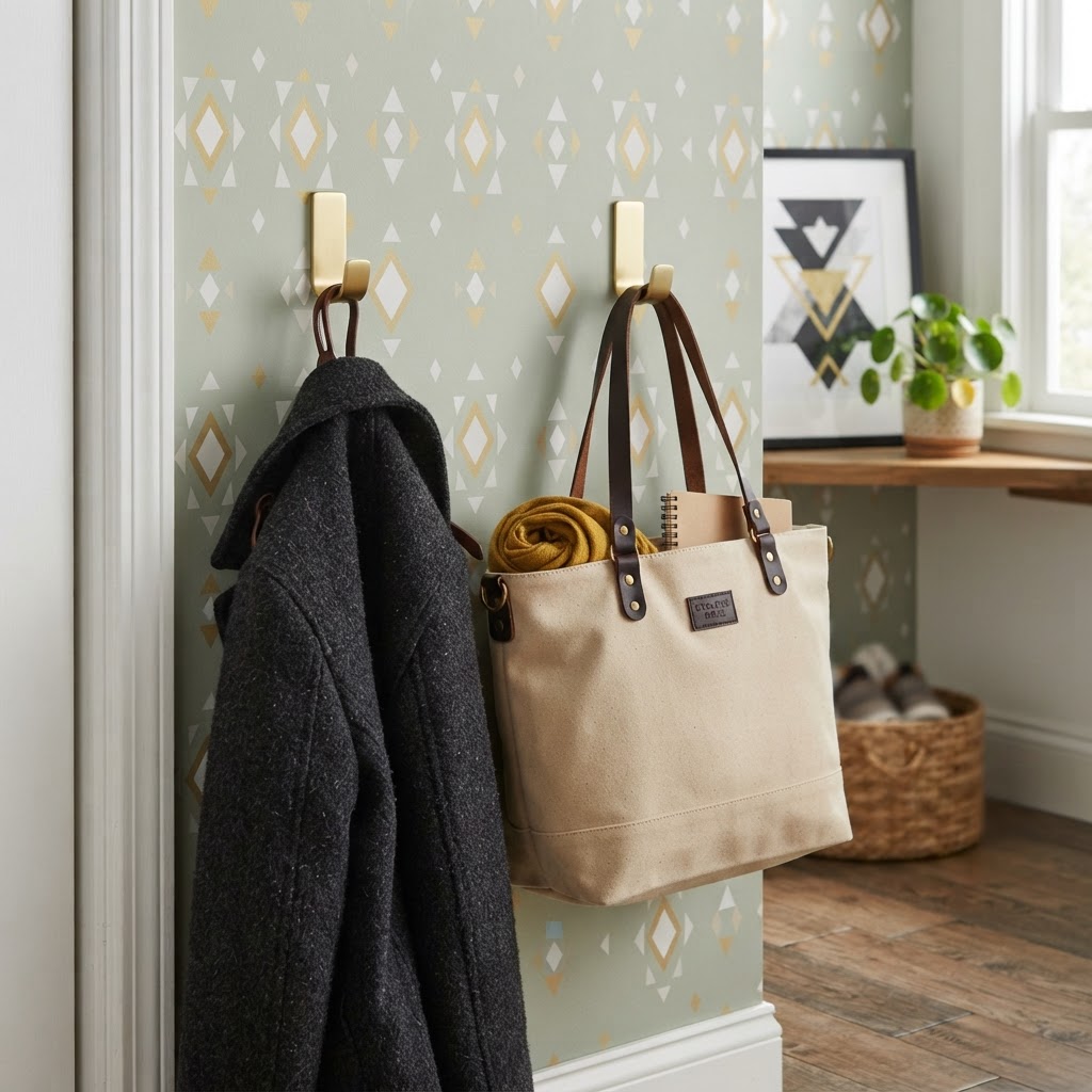 Adhesive hooks are a renter-friendly way to organize coats and bags.