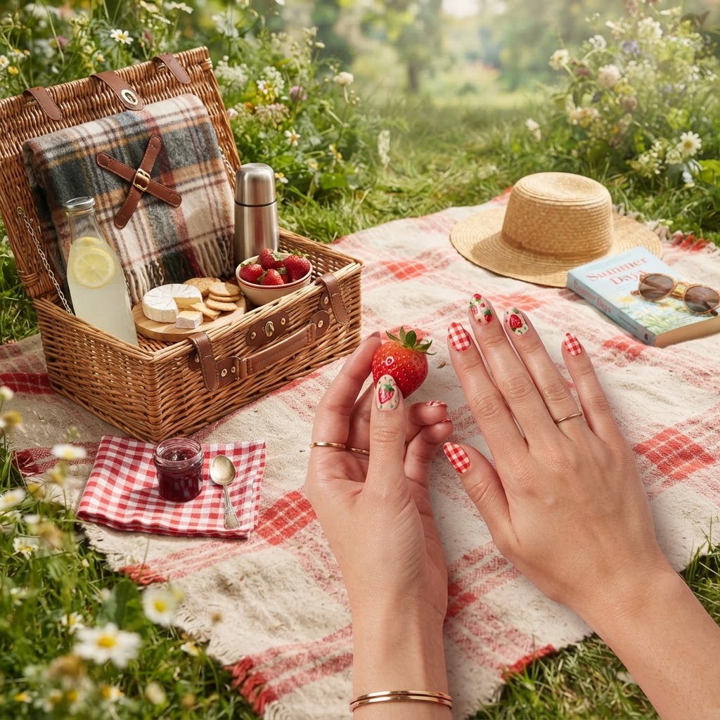 A perfect picnic aesthetic featuring matching manicure and accessories.