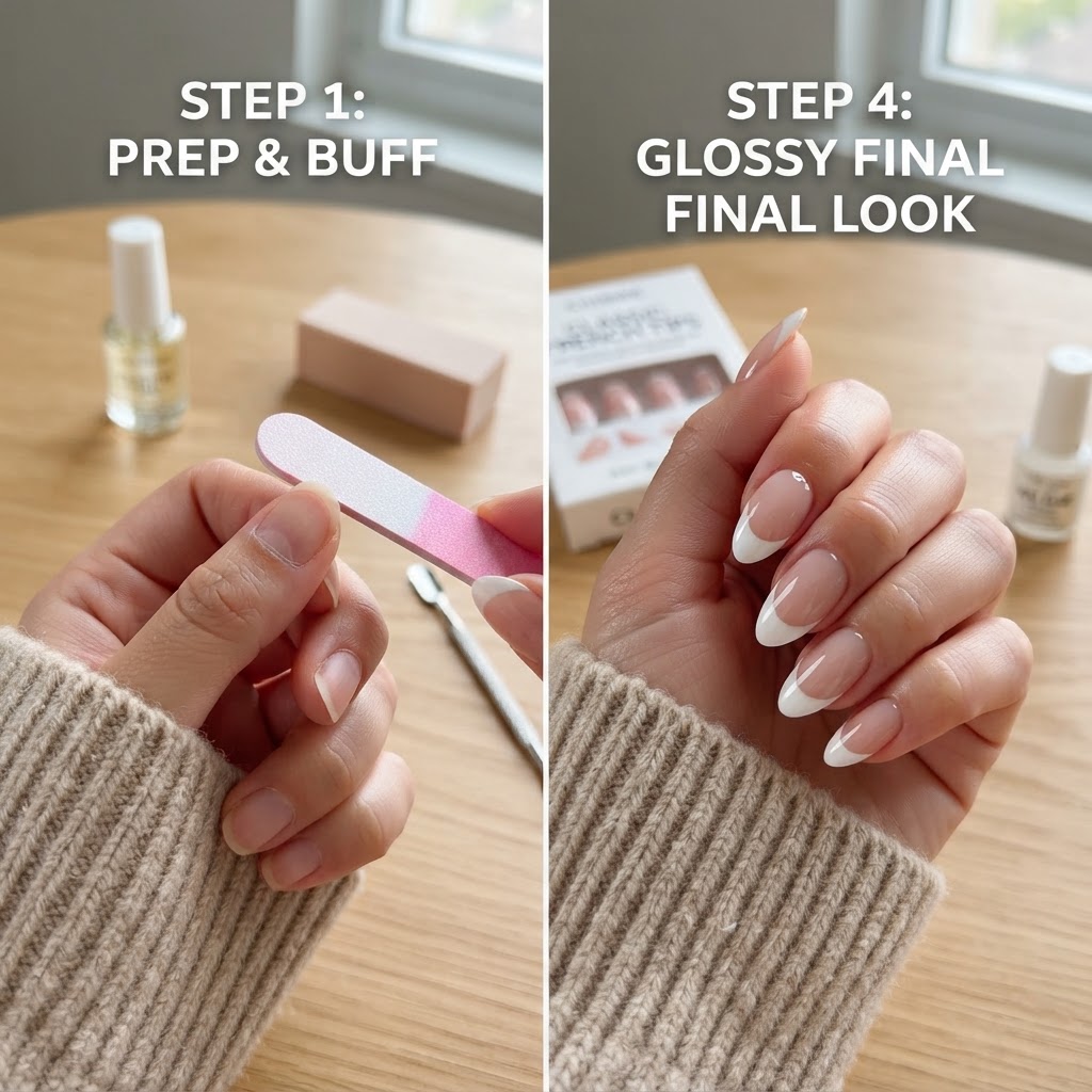 Step-by-step transformation from natural nail to a salon-quality manicure.