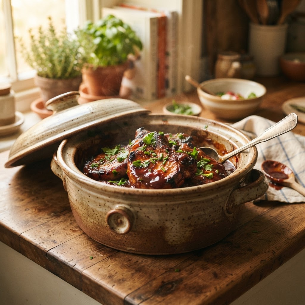 Slow-cooked BBQ pork chops ready to be served.