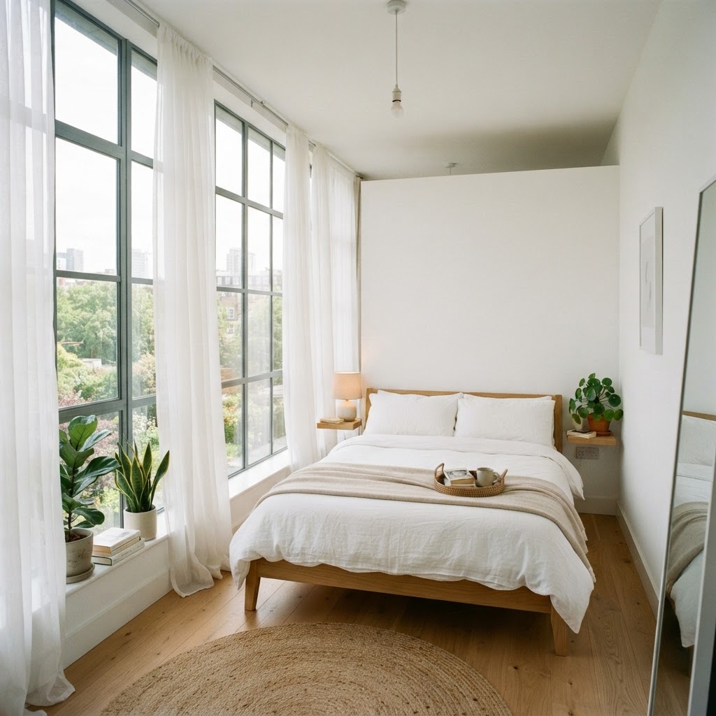 Bright, neutral colors and natural light make a small bedroom feel instantly more expansive.