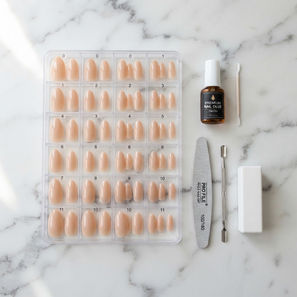 Essential tools for a successful at-home press-on nail application.
