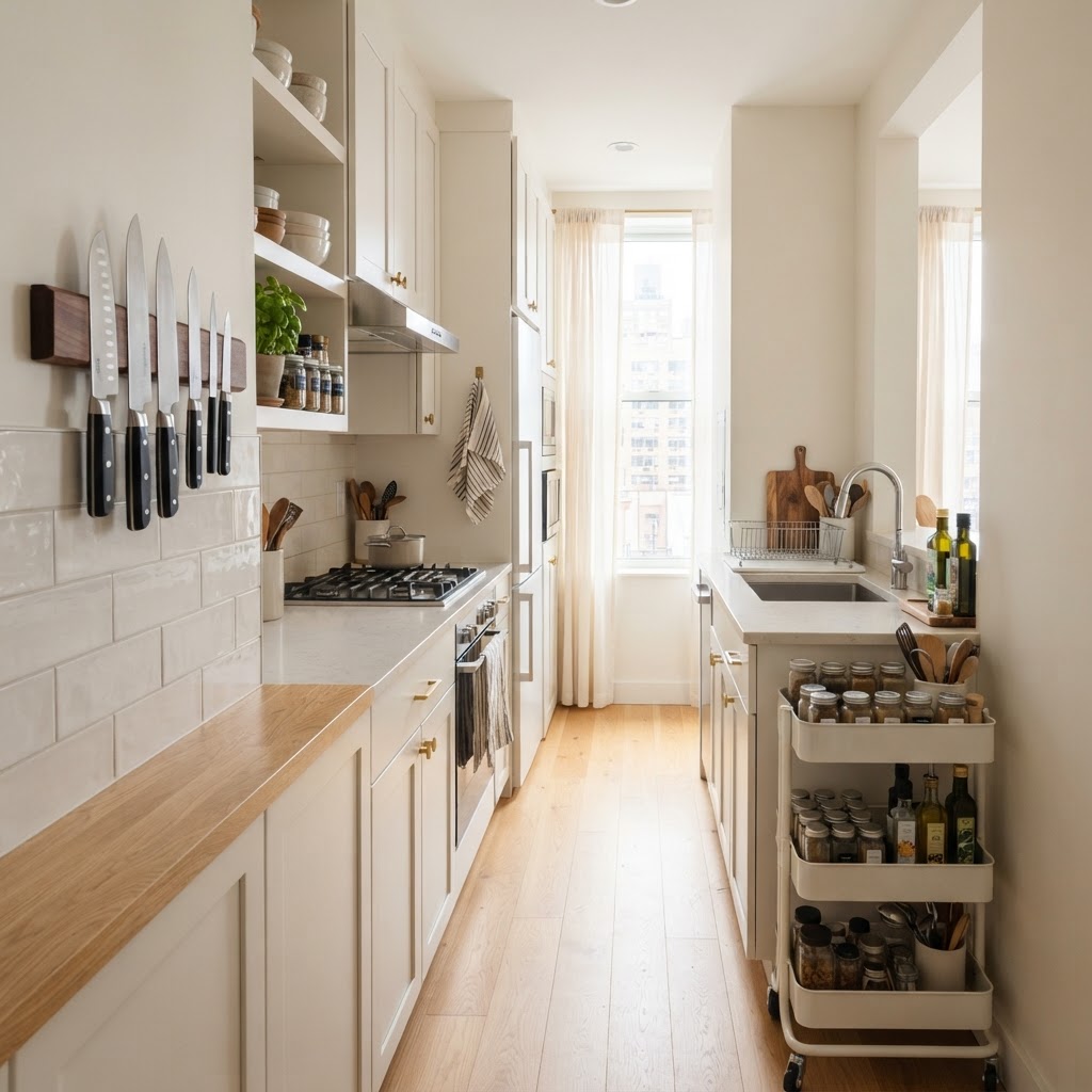 Maximizing a galley kitchen with vertical wall organization.