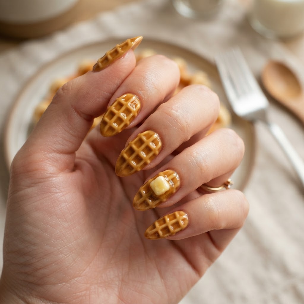 A realistic 3D waffle design with a butter accent.