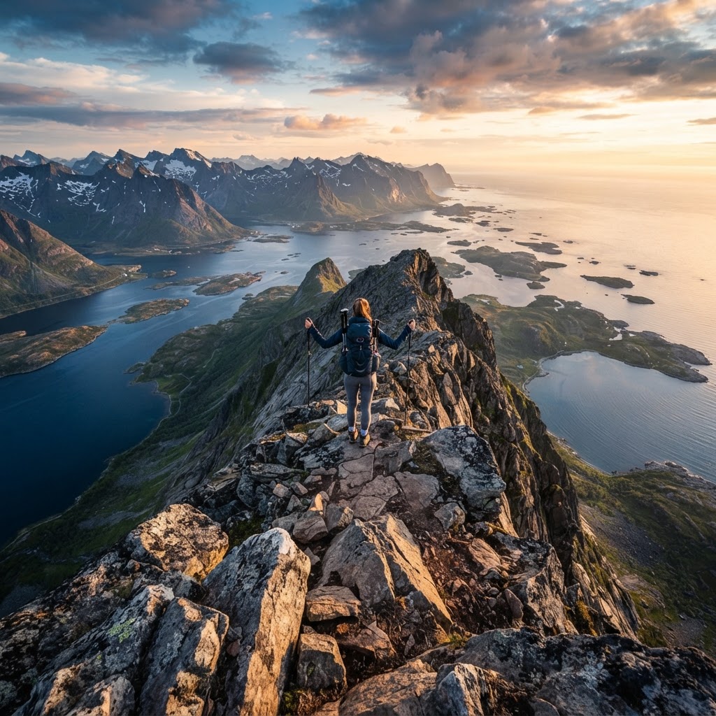 A hiker takes in the view from a mountain peak overlooking the coast.