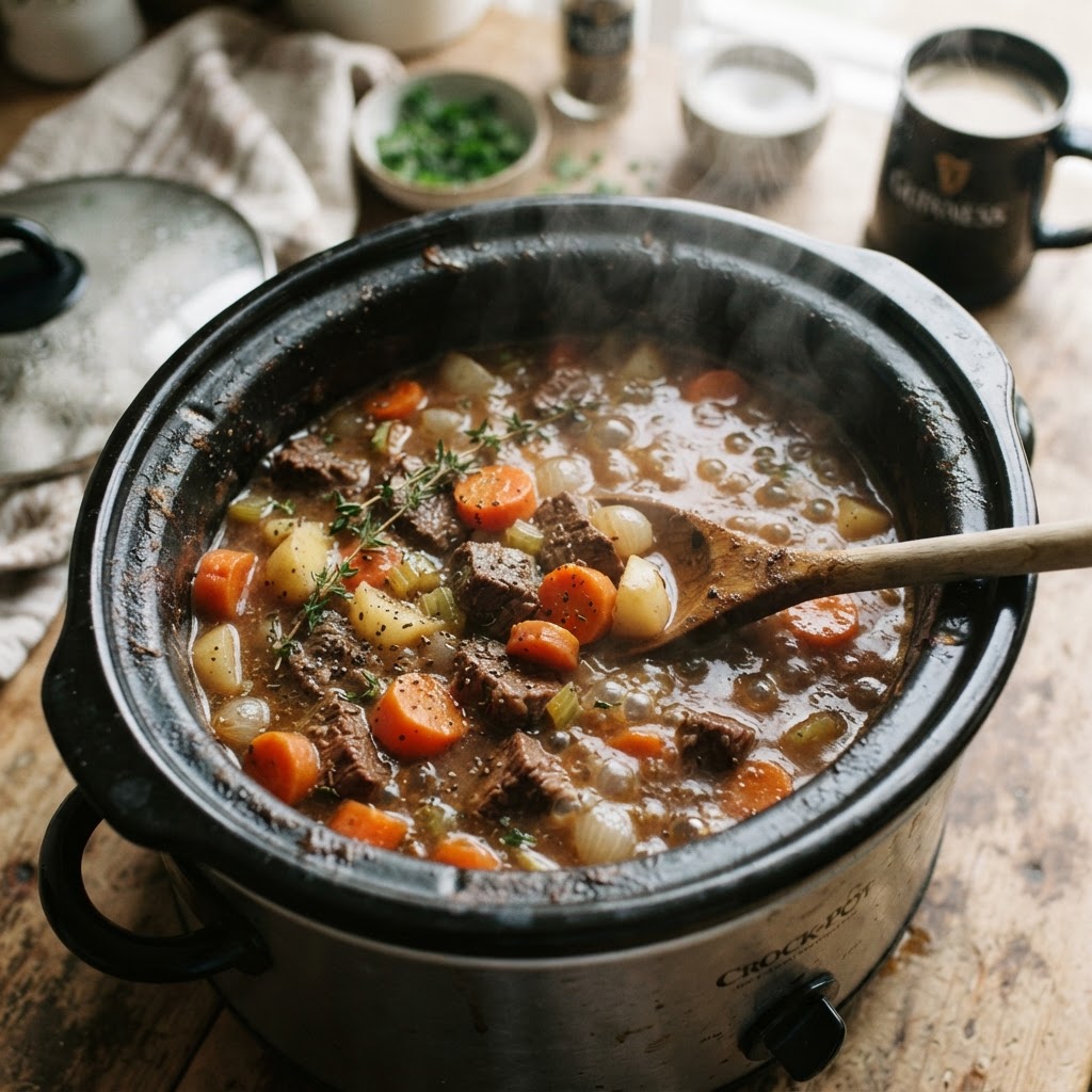 The perfect slow cooker beef stew simmering with rich flavors.