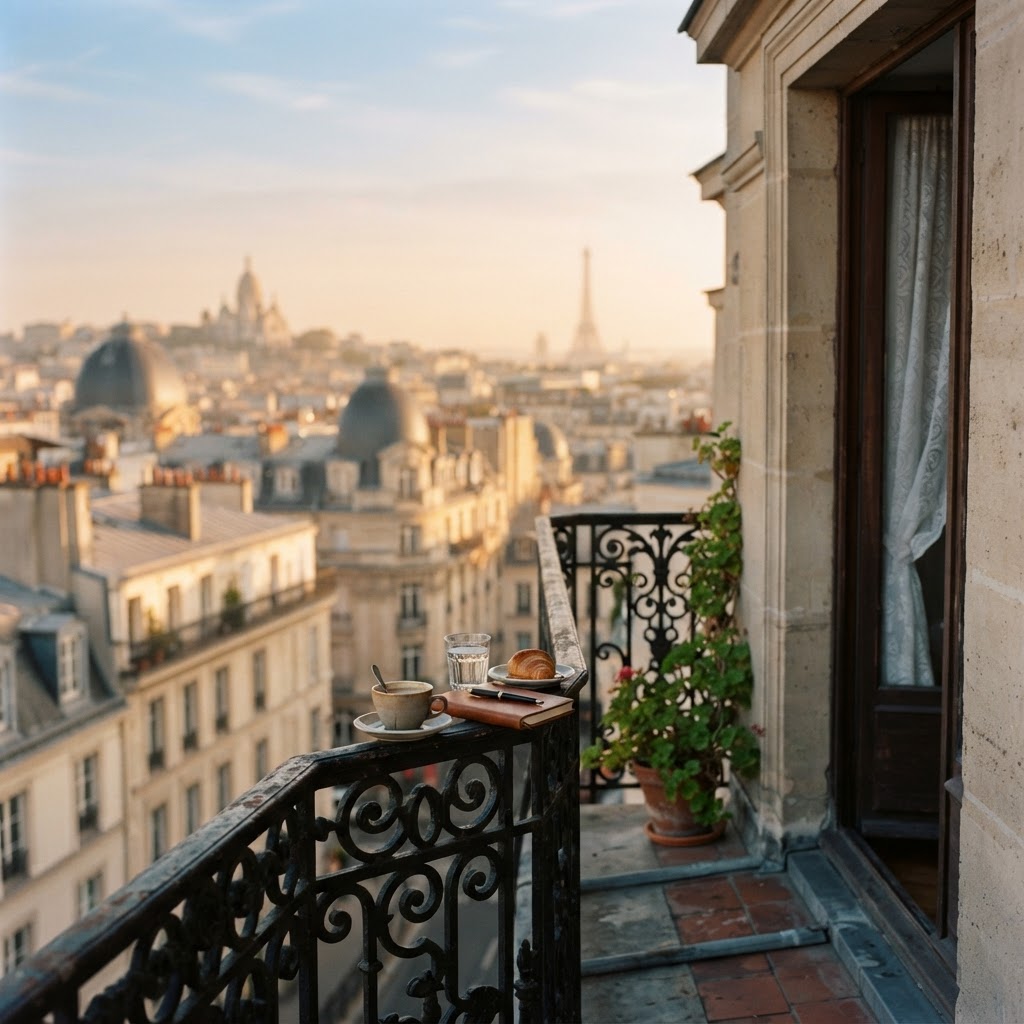 Quiet Luxury Paris Apartment Balcony Views to Save 2 The quintessential view from a quiet luxury Paris apartment at sunrise.