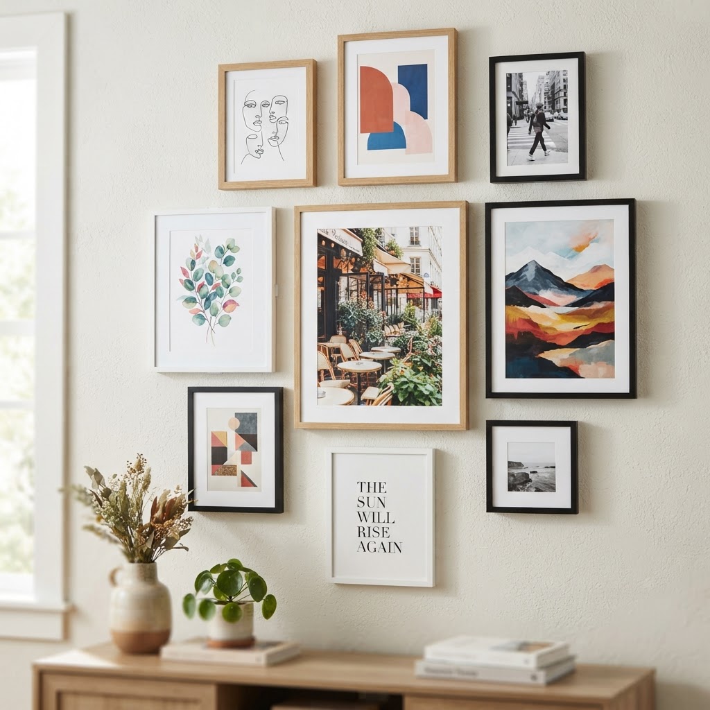 Create a custom gallery wall using damage-free adhesive strips for a permanent-look display.
