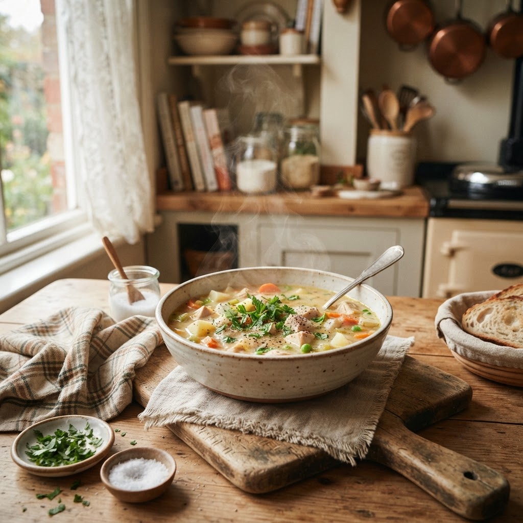 A warm, nourishing bowl of healthy chicken pot pie soup.