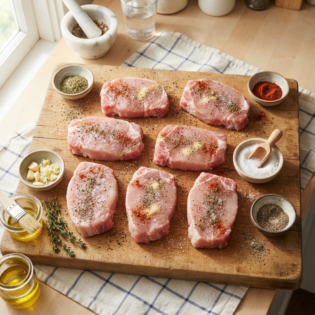 Preparing the pork chops for a delicious slow-cooked dinner.