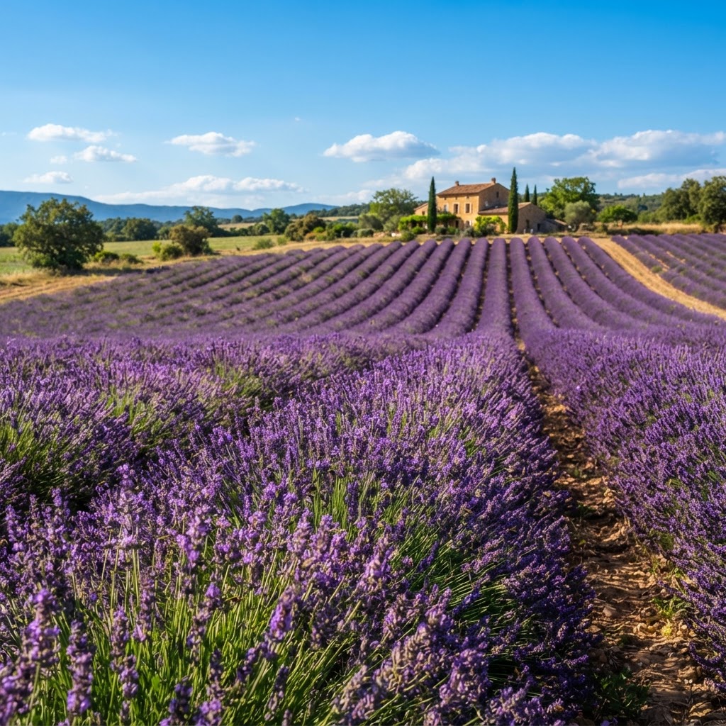 The breathtaking purple expanse of Provence lavender fields during the peak of summer.