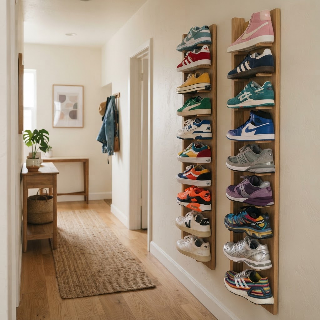 Wall-mounted racks keep footwear off the floor to maximize small spaces.
