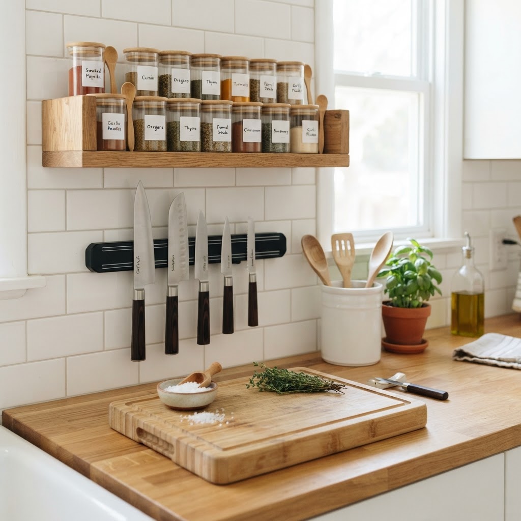 Minimalist organization with natural wooden accents.