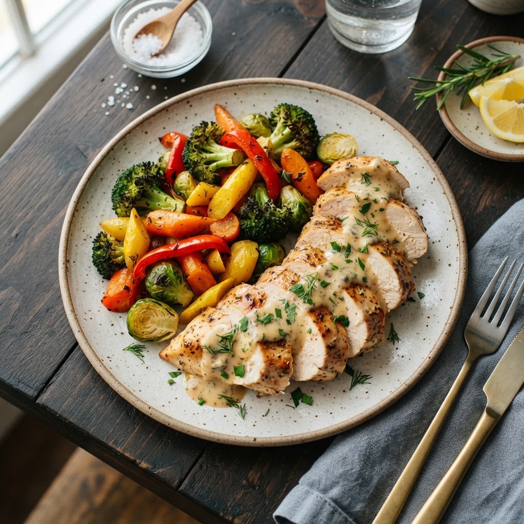 A healthy and delicious garlic butter chicken dinner plate.