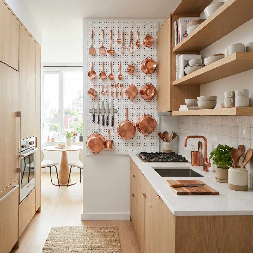 A customizable pegboard adds functional charm to small kitchen walls.