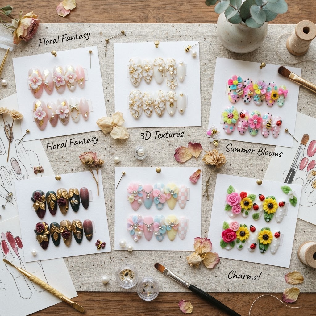 A curated moodboard showcasing various 3D nail design inspirations.