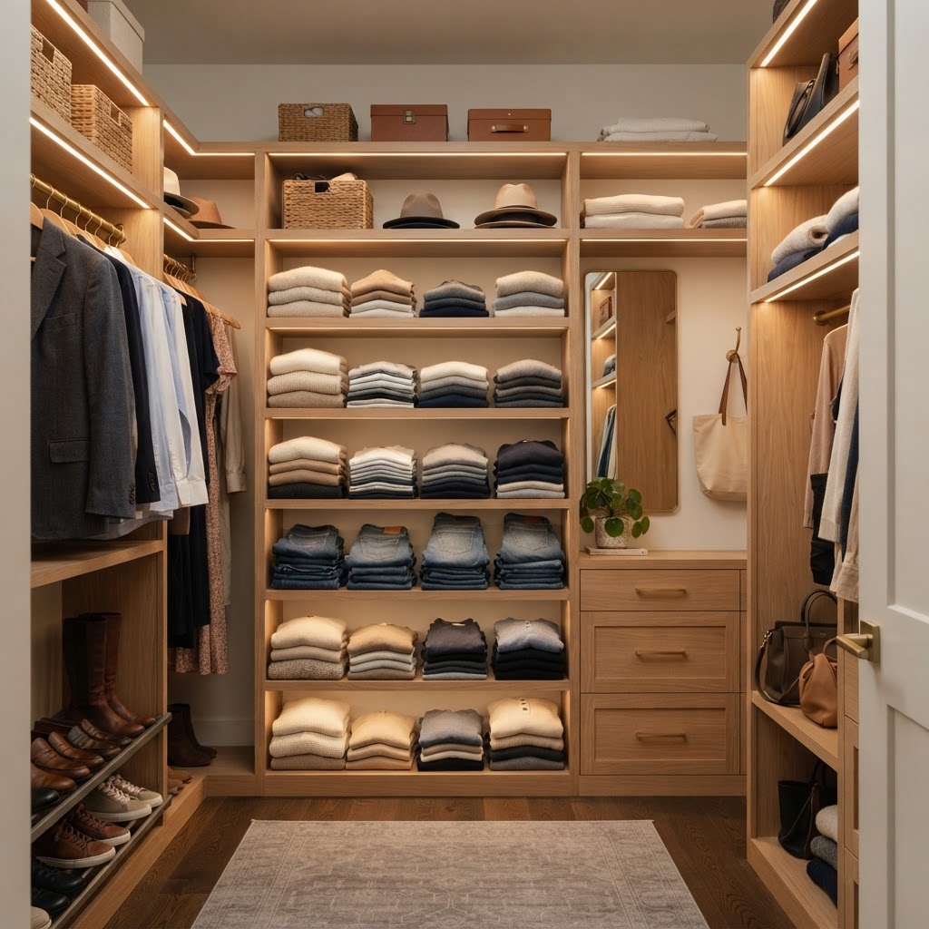 Custom closet systems help keep your bedroom serene by providing ample hidden storage.