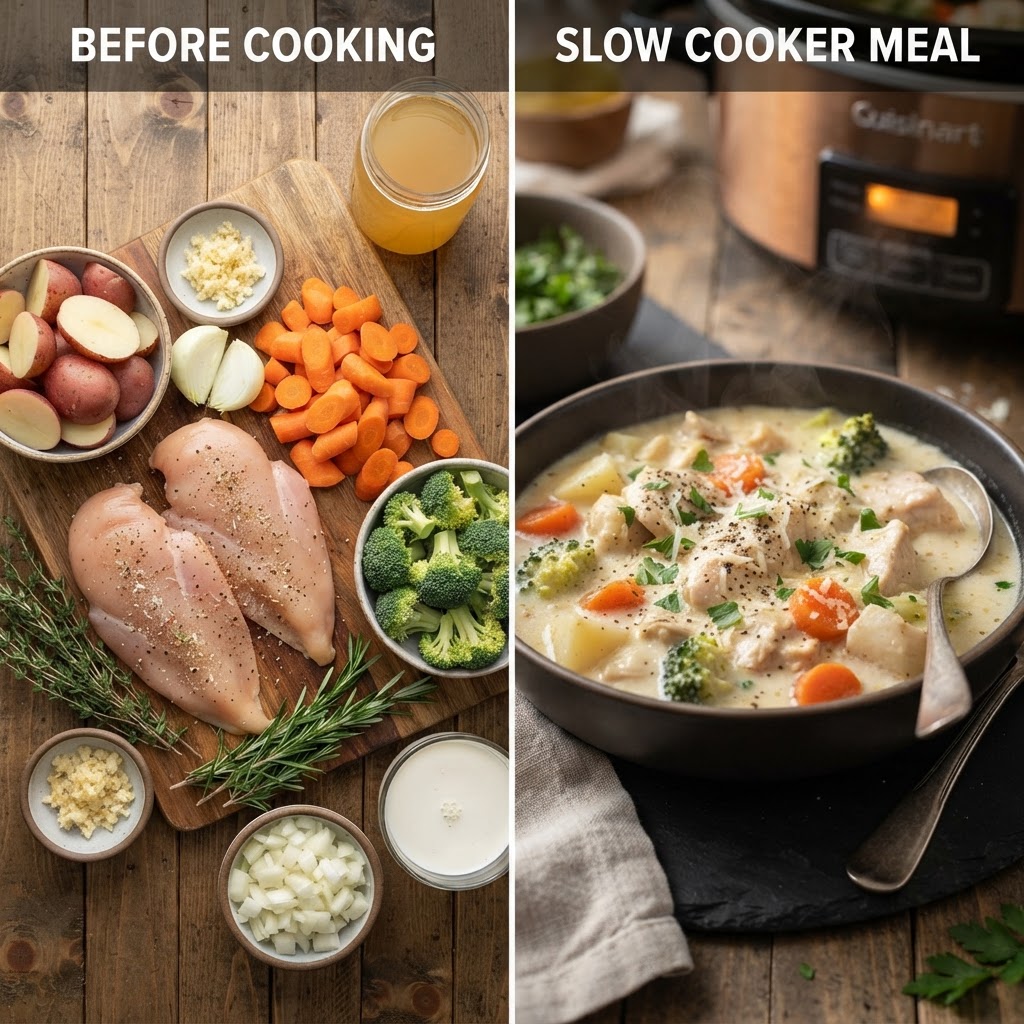 Before and after: from simple ingredients to a gourmet family meal.