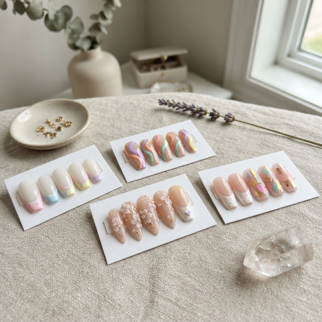Variety of artistic press-on nail designs.