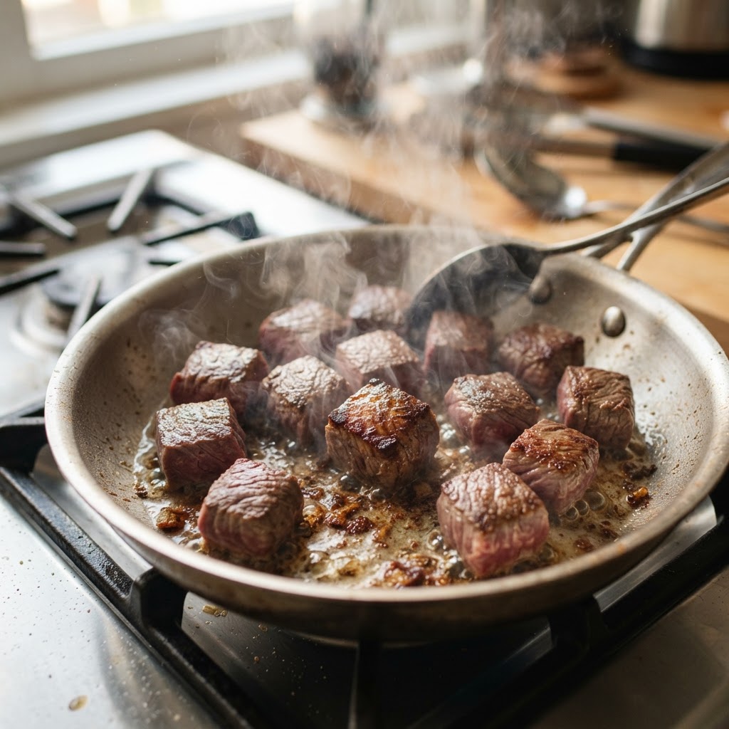 Searing the beef is a crucial step to lock in flavor before the slow cooking process.