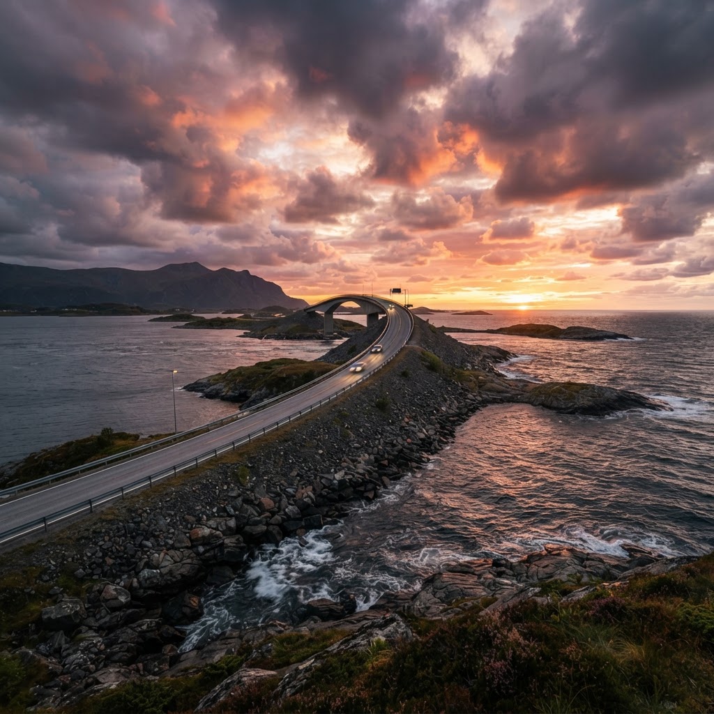 The iconic Storseisundet Bridge, a marvel of modern engineering.