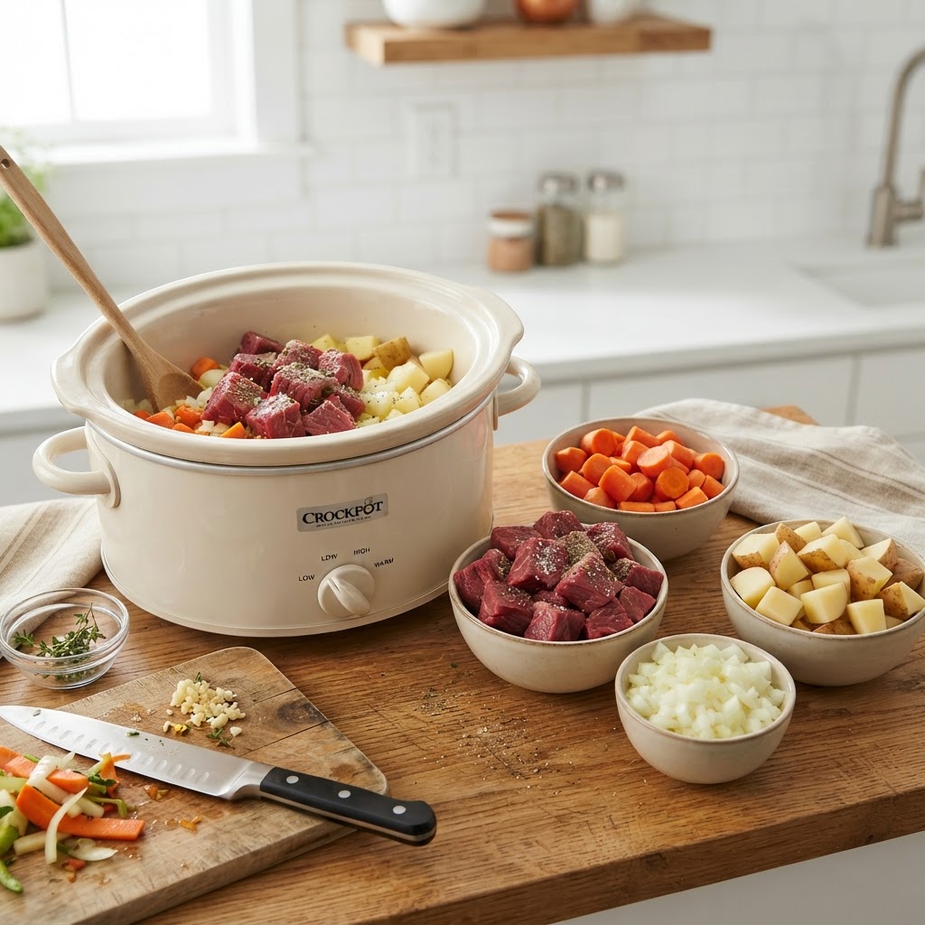 Preparing fresh ingredients for the perfect beef stew.