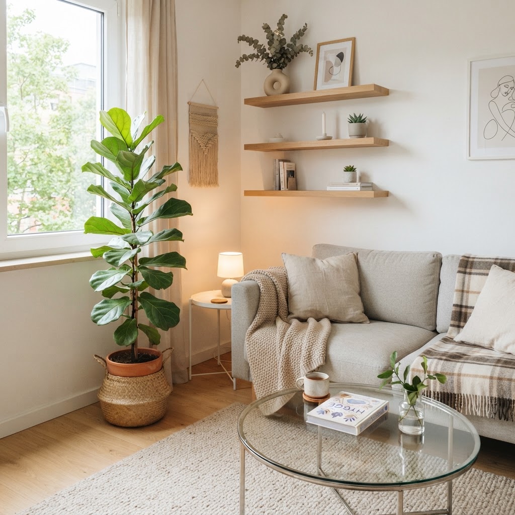 Minimalist shelves and tall plants draw the eye upward, creating a sense of space.