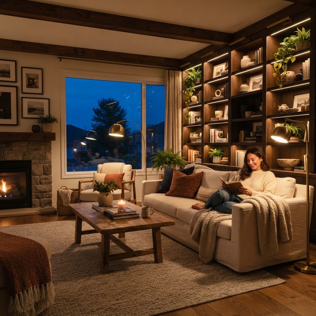 Warm, golden lighting creates a serene sanctuary in the living room.