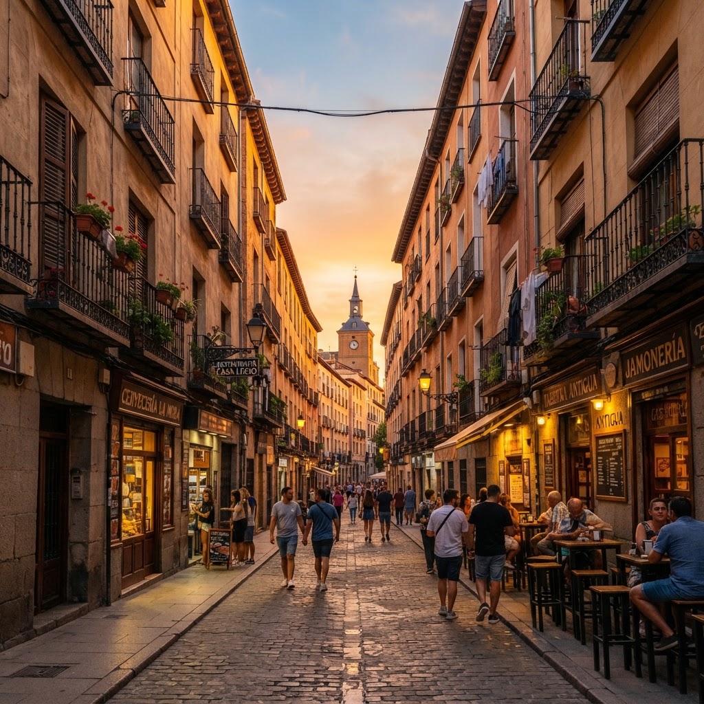 Walking the Narrow Streets of Old Madrid: A Travel Guide 2 Golden hour illuminates the historic architecture of Old Madrid.