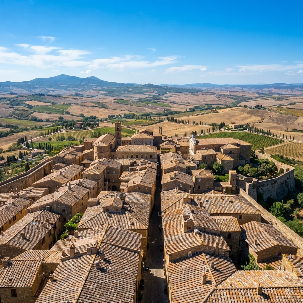 The stunning Renaissance architecture of Pienza overlooking the valley.