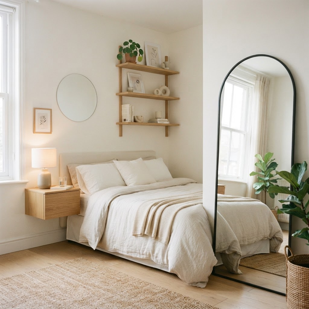 Floating furniture creates a sense of airiness in this compact bedroom.