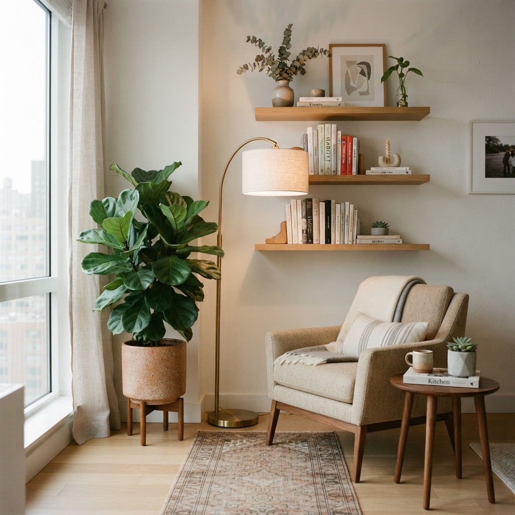 Add life to your apartment with sculptural plants and smart lighting.