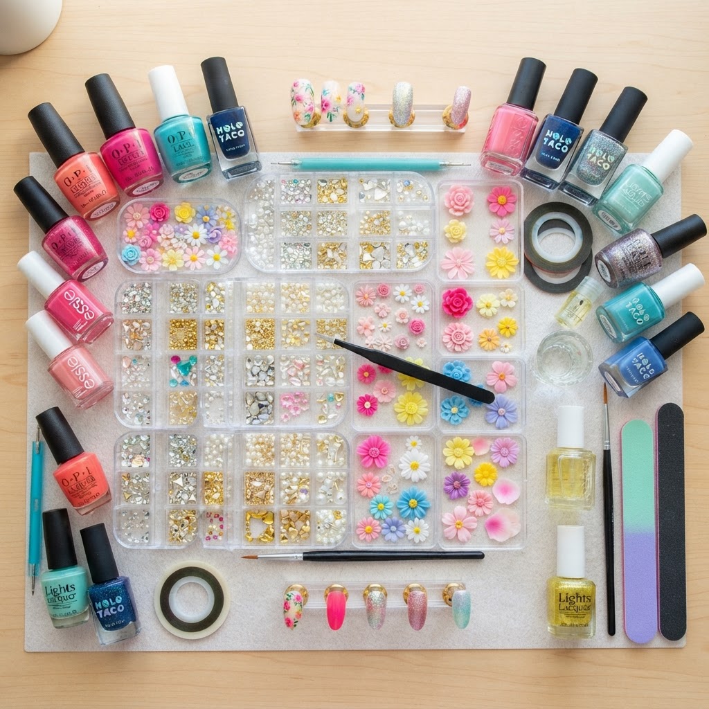 Essential supplies for DIY nail art.