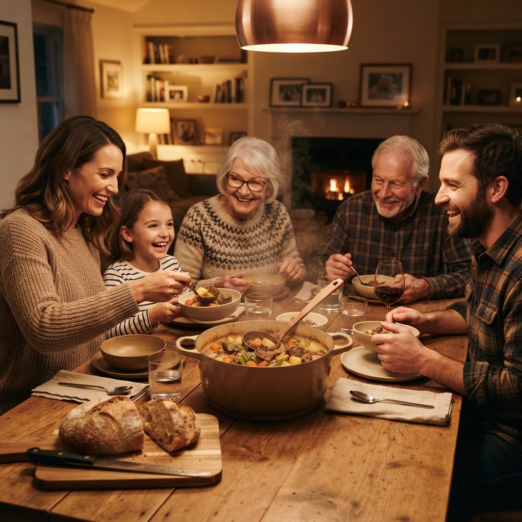 A family-friendly dinner featuring a comforting pot of beef stew.