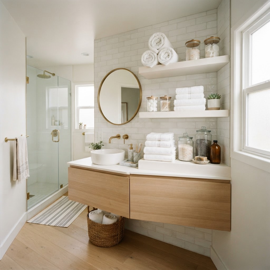 Floating shelves maximize vertical storage in small bathrooms.