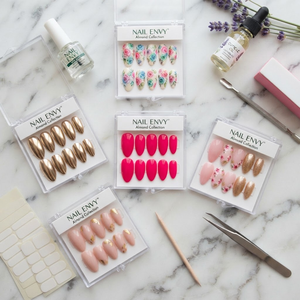 A variety of trendy almond press-on nail designs for your next manicure.
