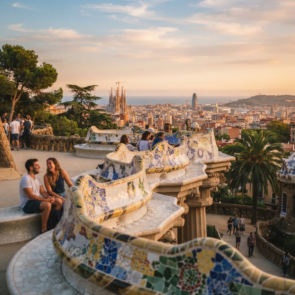 A stunning view of the city from the benches of Parc Güell at sunset.