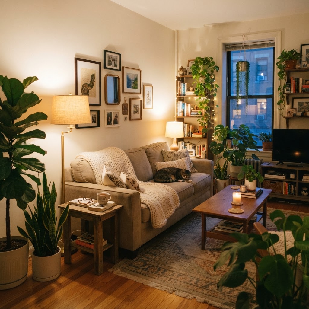 Warm lighting and soft textures transform this space.