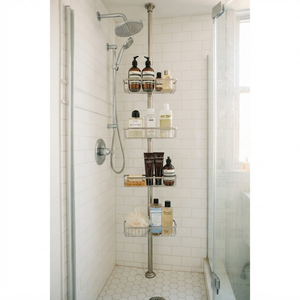 A tension-rod caddy creates storage without damaging walls.